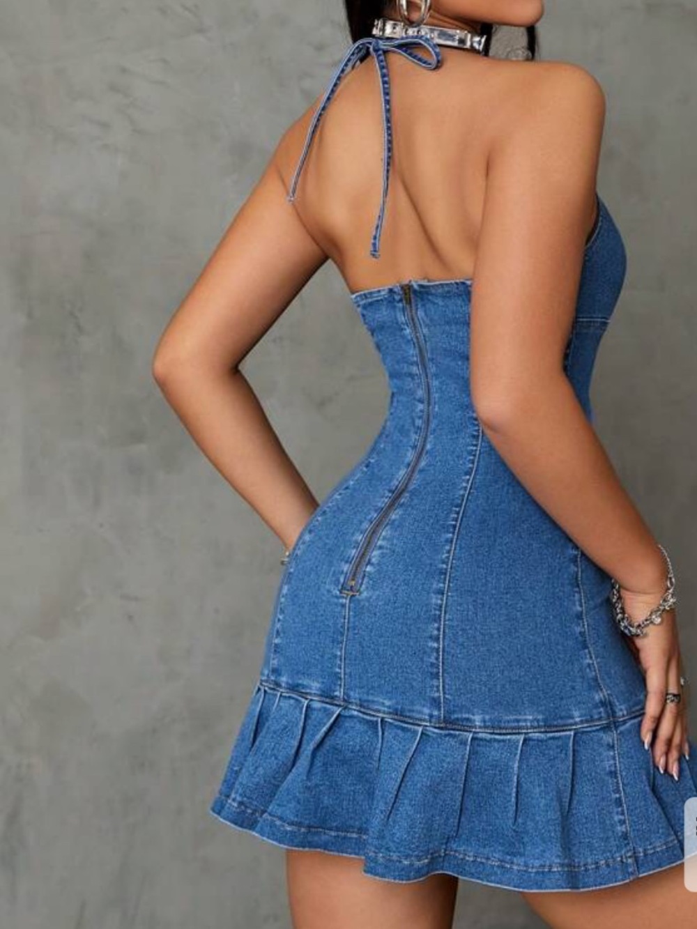 Denim Halter Flared pleated Mini Dress size M - Picture 3 of 8